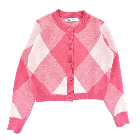 ZARA Pink Argyle Button Down Cardigan Sweater Preppy Academia Soft Girl French - Picture 1 of 6